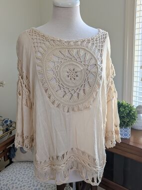 Boho Crochet-Front Cream Tunic Top - Women's